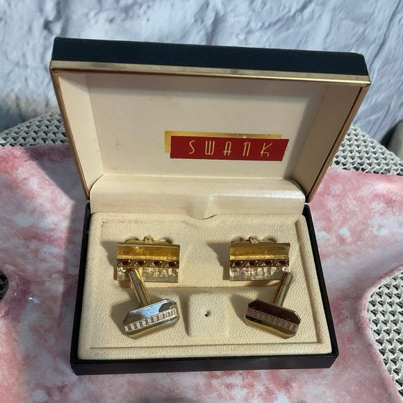 Vintage Cufflinks Swank Ruby & Gold / Solid Vintage 2 Pair - Picture 4 of 10